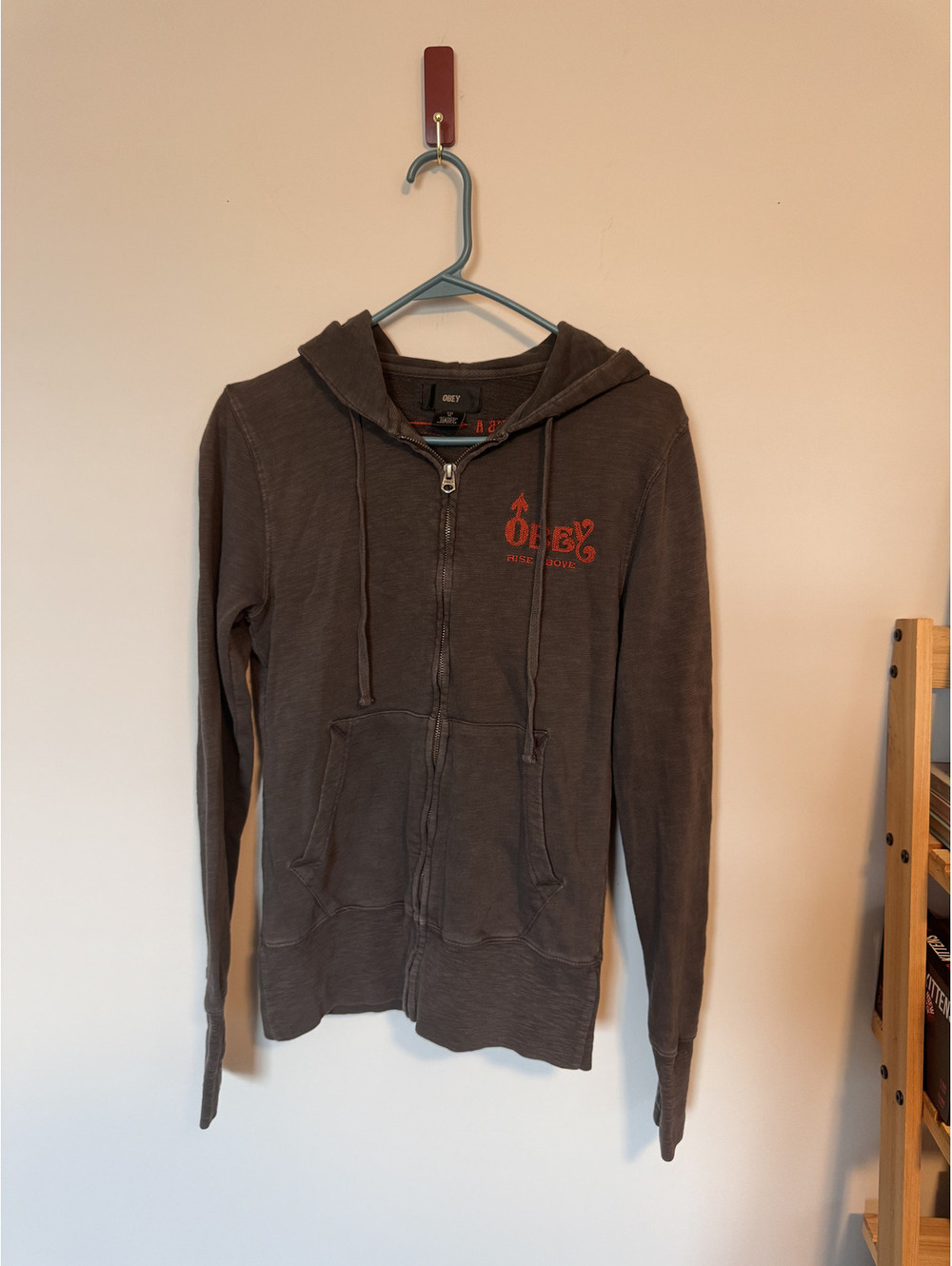 Y2K OBEY Zip Up War for Sale Hoodie Gray Red Logo Skater Size Womens M